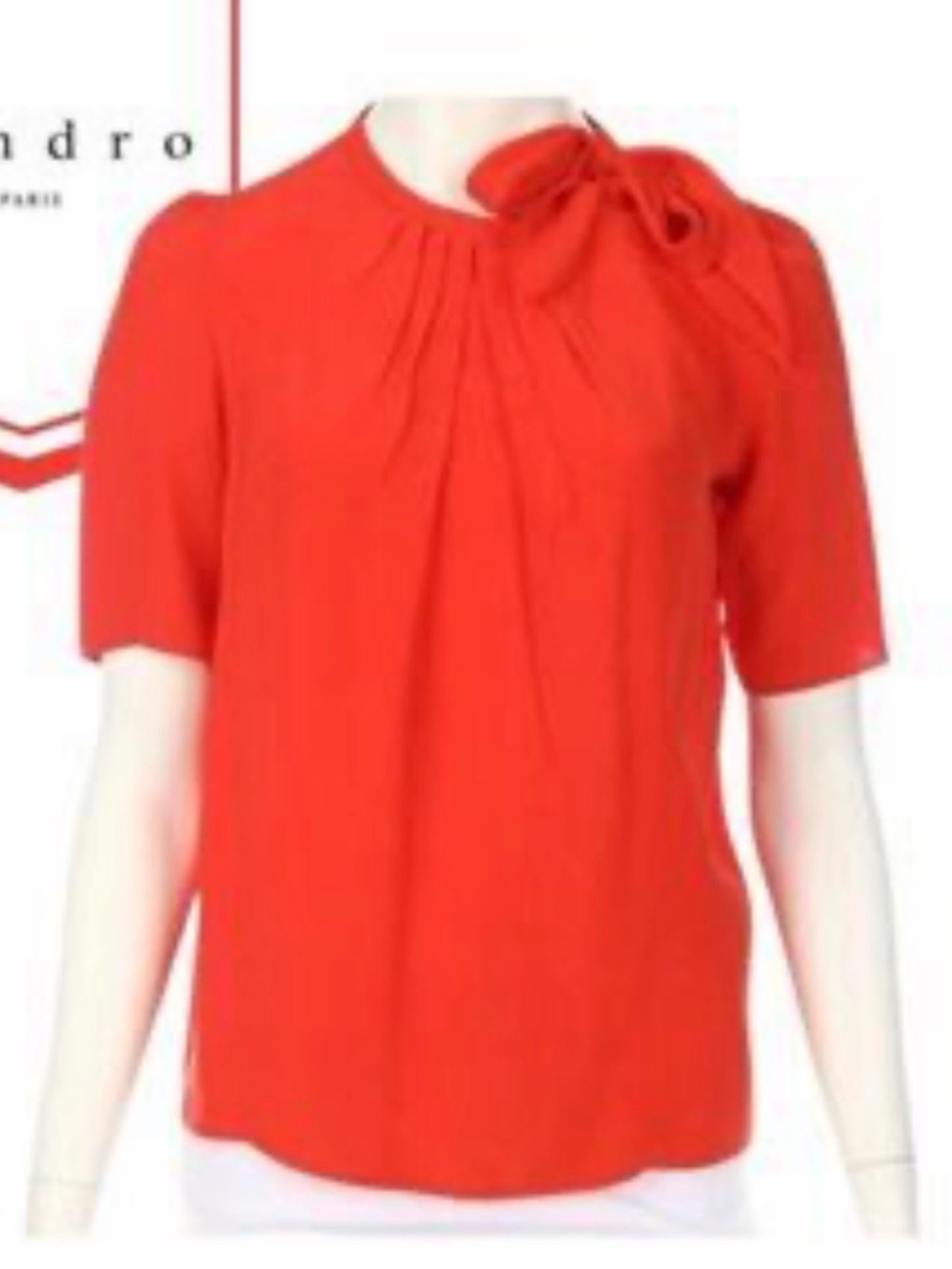 Sandro 100%silk Red Tie-Neck Short Sleeve Blouse